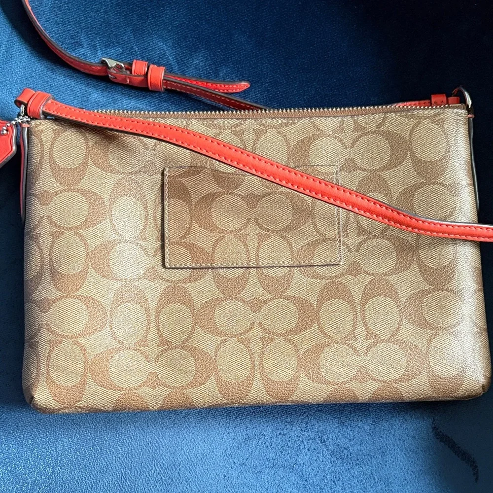 Coach Brown Logo and Coral Crossbody Bag with Removable Pouch and Zipper Top